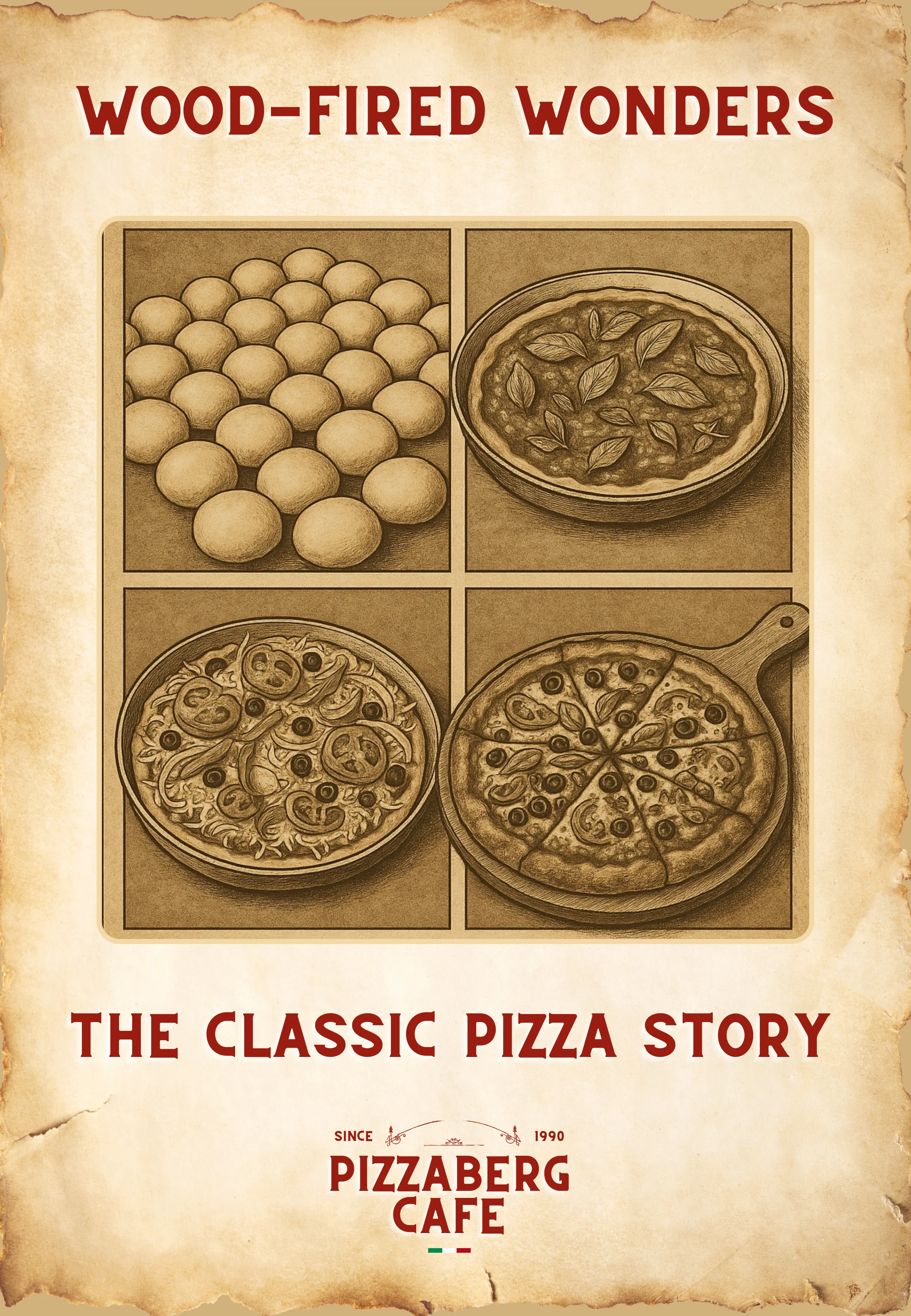 Wood-Fired Wonders poster from Pizzaberg Cafe, illustrating the classic pizza story: fresh dough balls, house-made tomato sauce with basil, a topped pizza and a wood-fired pizza sliced on a wooden peel.